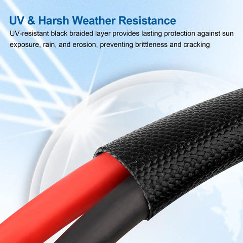 Close-up of Heavy Gauge 10AWG Solar Cable Extension Cord 15Ft PV Wire with flame retardant sleeve and black braided layer