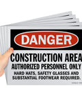 Five Pack 9 By 12 Inch Construction Area Signs For Authorized Personnel Only With Hard Hats And Safety Glasses Required, OSHA Compliant.