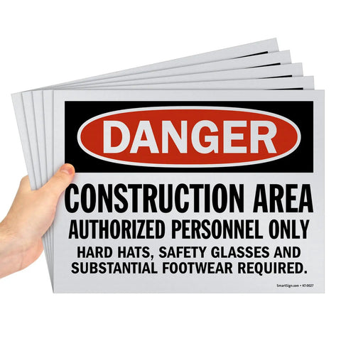 Five Pack 9 By 12 Inch Construction Area Signs For Authorized Personnel Only With Hard Hats And Safety Glasses Required, OSHA Compliant.