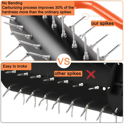 Comparison of carburized spikes on 21-Inch Rolling Lawn Aerator With 45 Preassembled Spikes against non-carburized spikes.