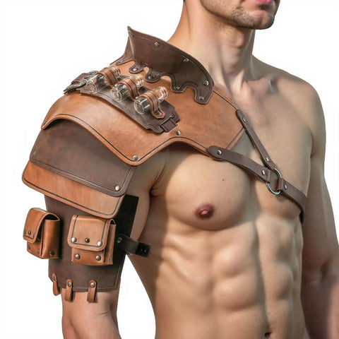 Adjustable Gothic Spaulders With Vials And Coin Pouch Armor for LARP Cosplay Viking Knight Renaissance Costume Brown Leather Pauldrons