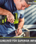 Man using 20V Cordless Drill Set With 3 By 8 Inch Chuck All In One Dual Speed LED Light 43 Piece Bit Kit Impact Driver Included