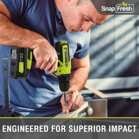 Man using 20V Cordless Drill Set With 3 By 8 Inch Chuck All In One Dual Speed LED Light 43 Piece Bit Kit Impact Driver Included