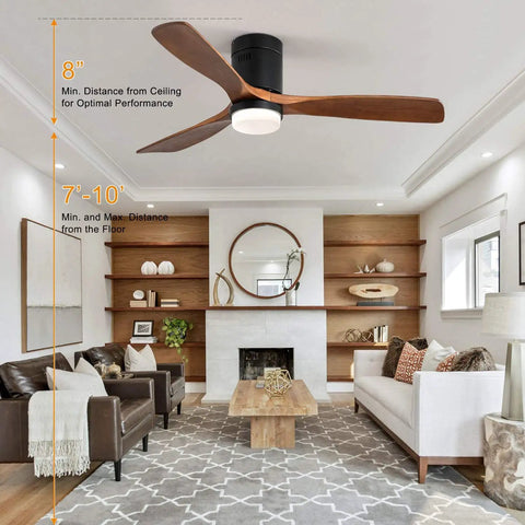 Living room with Dope 52 Inch Wood Ceiling Fan With Light And Remote Control, mounted on ceiling, showcasing distance measurements.
