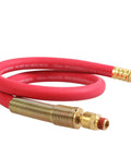 Red Heavy Duty Rubber Air Hose With Solid Brass 1/4 Inch Mnpt Ball Swivel And Fnpt Ends 300 Psi High Pressure Lead In Line 3/8 By 30 Inch For Air Compressors Garage Ready Beefy Build with coiled design and brass fittings.
