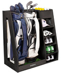 Birch Plywood Golf Bag Storage For Two Bags With 36Lb Rock Solid Organizer And 7 Shelf Command Center Plus Artificial Turf 12 Ball Display No Wall Mounting Needed Black showcasing golf equipment and shoes.