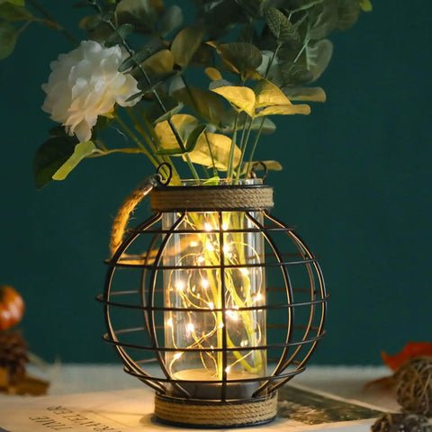 Battery Powered Metal Cage LED Lantern 7.3 Inch Tall Cordless Accent Light With 20 Fairy Lights Perfect For Weddings Parties Patio Indoors Outdoors Ideal For Indoor Outdoor Decor with flowers inside