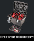 Rolling Tool Box With Wheels Lockable Black Plastic Chest For On The Go Pros, open lid with tools and built-in stopper.