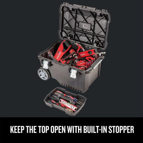 Rolling Tool Box With Wheels Lockable Black Plastic Chest For On The Go Pros, open lid with tools and built-in stopper.