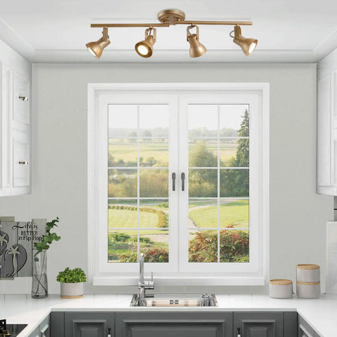 Gold LED Track Lighting Kit With Adjustable Ceiling Spotlights, Four Lights, Rotatable Heads For Kitchen And Living Areas
