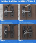 Installation steps for Built Tough Heavy Duty Zinc Alloy Gate Latch Lock For Barn Doors and Sliding Doors, matte black finish.