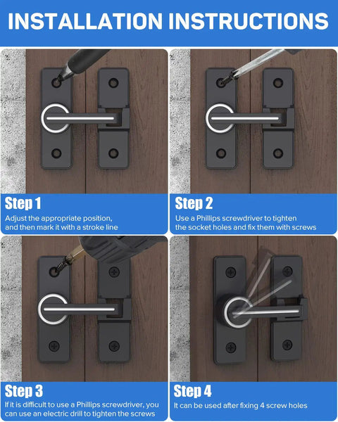 Installation steps for Built Tough Heavy Duty Zinc Alloy Gate Latch Lock For Barn Doors and Sliding Doors, matte black finish.