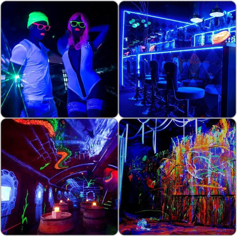 Three Pack 27W LED Black Light Bar Set For Glow Parties And Body Paint UV Black Light Bar with vibrant neon decorations