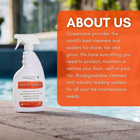 Glass And Tile Shield Sealant For Pool Tile Care, Quart Trigger Spray bottle by pool edge, orange about us label