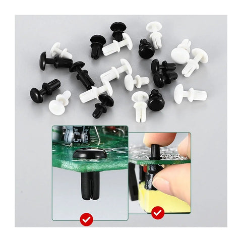 Rock Solid Nylon Expansion Rivets For Circuit Board Assembly in black and white, featuring snaps for tool-free PCB installation.