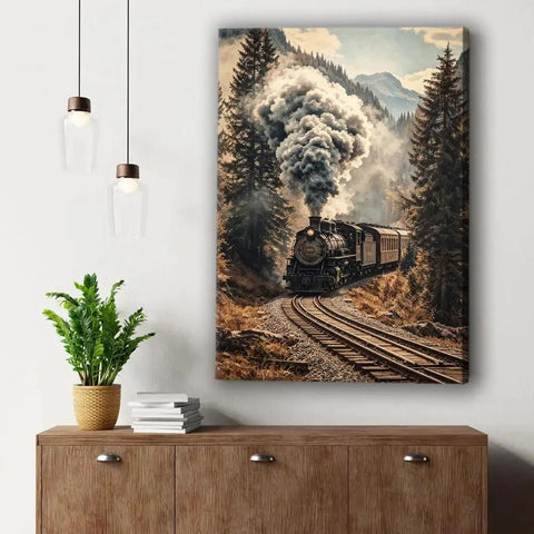 Retro Vibes Steam Train Wall Art Framed Or Unframed Canvas Poster With Classic Locomotive And Mountain Railway Scene Ready To Hang