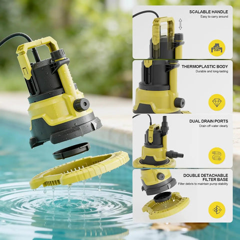 Badass Heavy Duty 1HP Submersible Pool Cover Pump With Detachable Base and Dual Outlets 3500 GPH Sump Drain Pump with scalable handle