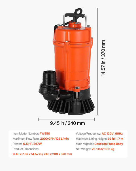 Beast Submersible Trash Pump 2000 GPH At 120V With Cast Iron Body 2 Inch Discharge And 39 Foot Max Lift, side view