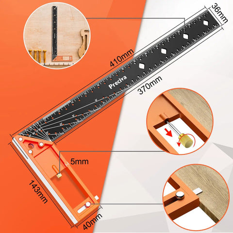 Top Shelf 16 Inch Woodworking Square Ruler Featuring Dead On Sixteenth Inch Markings And Retractable Edge Support For Flawless Right Angle Layouts No Stress Carpentry Projects Boss Grade Tool, shown with measurements.