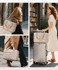 Three views of a woman carrying the Under-Seat Travel Duffle Bag Go-To 20L Expandable To 30L Lightweight Nylon Carry-On on a city street.