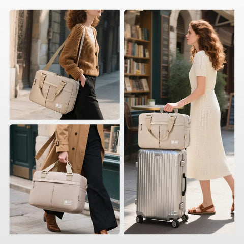 Three views of a woman carrying the Under-Seat Travel Duffle Bag Go-To 20L Expandable To 30L Lightweight Nylon Carry-On on a city street.