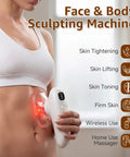 Woman using All In One Body Sculpting Machine For Cellulite Removal And Contouring, Muscle Relaxation, Skin Tightening, At Home Massage Tool For Legs Abdomen Arms And Love Handles on abdomen with LED light therapy.