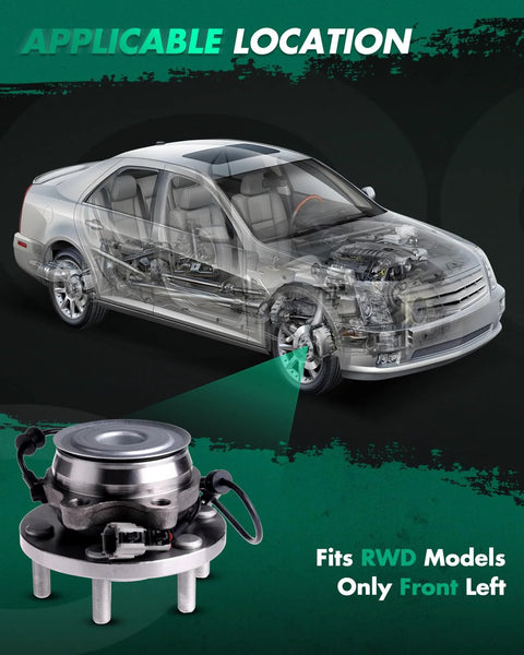 Front Wheel Bearing Hub Assembly Kit Plug And Play With ABS For Nissan Pathfinder 2005 To 2012 Frontier 2005 To 2016 Xterra 2005 To 2015 Suzuki Equator 2009 To 2012 6 Lug Direct Fit OE Style shown with car diagram, fits front left.