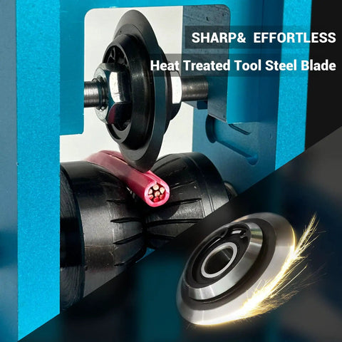 Drill Powered Wire Stripper Machine For Scrap Copper Recycling, close-up of heat-treated tool steel blade cutting copper wire.