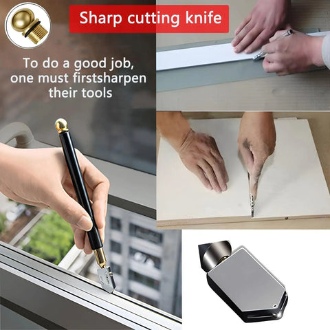 Hands using sharp cutting knife to score glass, with close-up view of blade and handle.