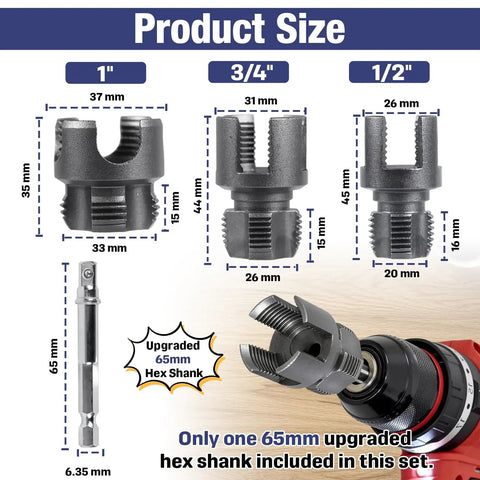 Must Have PVC Pipe Threader Tool Set With 65mm Hex Shank For Quick DIY Fixes 1/2 Inch 3/4 Inch And 1 Inch NPT threading heads size chart