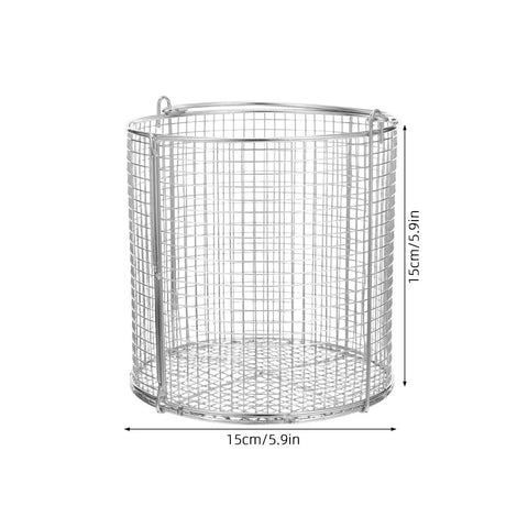 Shineofi Stainless Steel Cleaning Basket For Ultrasonic Machines Heat Resistant Precision Perforated Dip And Drain Tray side view, 15cm diameter.