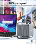 Heavy Duty Four Bay Hard Drive Enclosure With Usb C And Ten Gbps Speed For 3.5 Inch Sata Drives Packed With Dual Active Cooling Fans And Slick Desktop Das Storage Hub Setup with laptop and speed display