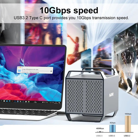 Heavy Duty Four Bay Hard Drive Enclosure With Usb C And Ten Gbps Speed For 3.5 Inch Sata Drives Packed With Dual Active Cooling Fans And Slick Desktop Das Storage Hub Setup with laptop and speed display