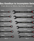 Reversible Ratcheting Wrench Set 12 Piece Metric 8 19mm Beefy Black Finish Wax Canvas Storage Bag Auto And Motorcycle Repair Tools For Quick No Fuss Fastener Work, 8-19mm sizes shown