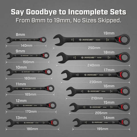 Reversible Ratcheting Wrench Set 12 Piece Metric 8 19mm Beefy Black Finish Wax Canvas Storage Bag Auto And Motorcycle Repair Tools For Quick No Fuss Fastener Work, 8-19mm sizes shown