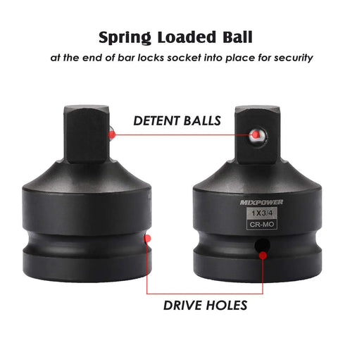 Heavy Duty Impact Socket Adapter And Reducer Set Four Piece In Mo Steel With Rust Resistant Finish showing detent balls and drive holes