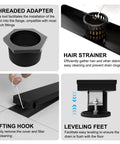 24 Inch Matte Black Linear Shower Drain With Hair Catcher And Leveling Feet Rectangle Tile Insert Cover Reversible 2 In 1 Drain 304 Stainless Steel Bathroom Floor Drain Heavy Duty No Nonsense Rust Proof Easy Install features detailed assembly components including threaded adapter, hair strainer, lifting hook, and leveling feet.