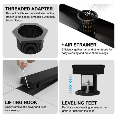 24 Inch Matte Black Linear Shower Drain With Hair Catcher And Leveling Feet Rectangle Tile Insert Cover Reversible 2 In 1 Drain 304 Stainless Steel Bathroom Floor Drain Heavy Duty No Nonsense Rust Proof Easy Install features detailed assembly components including threaded adapter, hair strainer, lifting hook, and leveling feet.