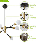 Close-up of Sputnik Chandelier Pendant Light Black And Gold detailing, showing metal ceiling plate, gold finish, and UL certification.