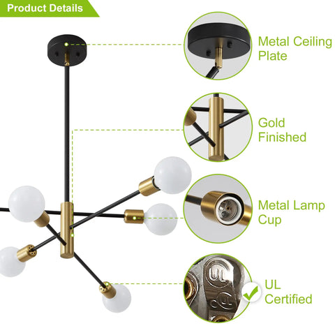 Close-up of Sputnik Chandelier Pendant Light Black And Gold detailing, showing metal ceiling plate, gold finish, and UL certification.