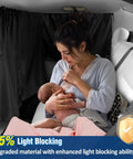 Mother holding baby in car with set of 3 car window shades with privacy divider, 95 percent light blocking for SUVs and sedans.