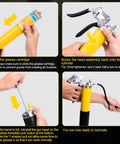 Grease gun kit, front view: yellow 7000 PSI pistol-grip grease gun with 14 oz capacity and 18-inch resin hose.
Grease gun kit, side view: head assembly being screwed onto the yellow grease gun.
Grease gun kit, close-up: reinstalling the head onto the grease gun barrel with a tool.
Grease gun kit, installed view: hose connected to the barrel, ready to lubricate.