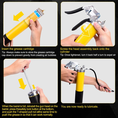 Grease gun kit, front view: yellow 7000 PSI pistol-grip grease gun with 14 oz capacity and 18-inch resin hose.
Grease gun kit, side view: head assembly being screwed onto the yellow grease gun.
Grease gun kit, close-up: reinstalling the head onto the grease gun barrel with a tool.
Grease gun kit, installed view: hose connected to the barrel, ready to lubricate.