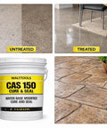 Heavy Duty Water Based Concrete Sealer And Cure Compound Hella Tough For Driveways Patios And Garages Delivering Knockout Dust Defense And A Legit Satin Finish In Five Gallon Pail; comparison of treated and untreated surfaces with five-gallon pail.