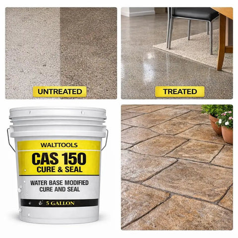 Heavy Duty Water Based Concrete Sealer And Cure Compound Hella Tough For Driveways Patios And Garages Delivering Knockout Dust Defense And A Legit Satin Finish In Five Gallon Pail; comparison of treated and untreated surfaces with five-gallon pail.