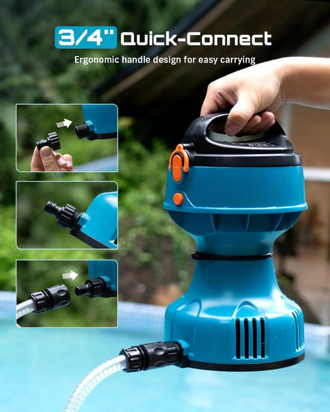 Floating Battery Powered Water Transfer Pump 720 GPH Cordless With Two 4000mAh Batteries And Charger, 25 Ft Lift, Three Quarter Inch Outlet in use by a pool.