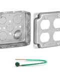 4 Inch Square Electrical Box And 2 Gang Duplex Receptacle Exposed Work Cover Pack With Crushed Corners Drawn Construction Ten Half Inch Knockouts Six Three Quarter Inch Knockouts Raised Ground And One And One Half Inch Depth showing box, cover, and wire