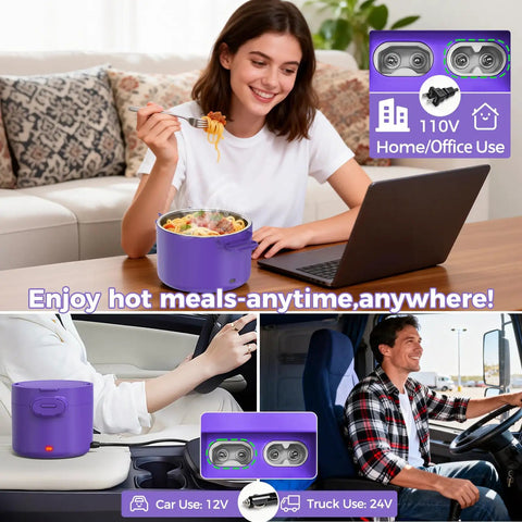 Portable 33oz Electric Lunch Box 100W Fast Heat 3 In 1 Food Warmer with stainless steel inner tray, for work, car, travel.