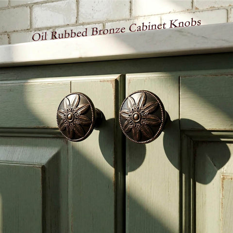 Oil Rubbed Bronze Round Cabinet Knobs 12 Pack 1.4 Inch Diameter Zinc Alloy Hardware on green cabinets