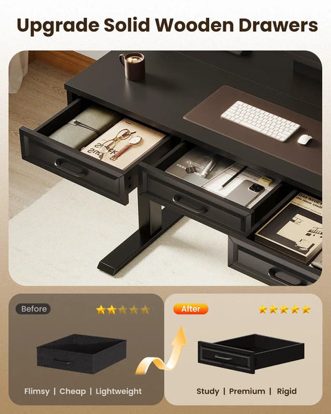 Electric Standing Desk With Three Wooden Drawers, 48 Inch Wide Height Adjustable Sit Stand Desk With Built In Power Outlets And LED Lights, Black Monitor Stand For Your Home Office, Study And Creative Workstations, showing open solid drawers